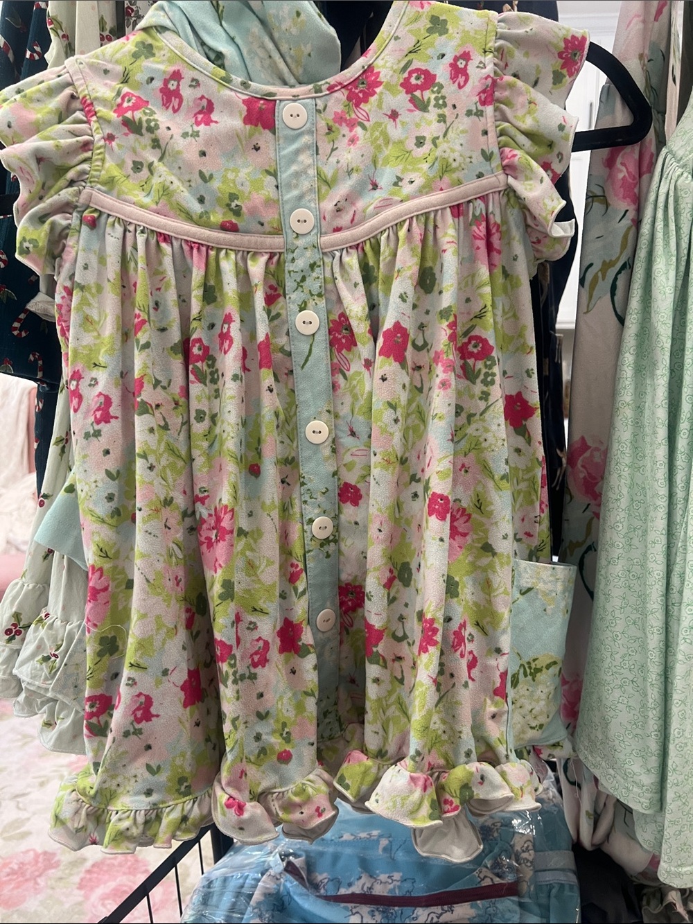 SweetHoney Floral Ruffle Button-Back Dress - Pink, Green & Blue
